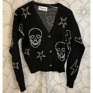 No Boundaries Sweater Womens Black White Skull Goth Punk Cardigan Crop Size XXS